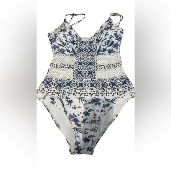 Blue and White Patterned Swimsuit - Picture 3 of 4